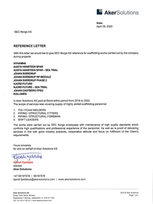 Reference 2016 - 2022_Aker Solutions AS Stord_Welding_(Nyhamna, Aasta Hansteen, Johan Sverdrup, Njord Future, Johan Castberg, Kollsnes) - SEC Norge.pdf