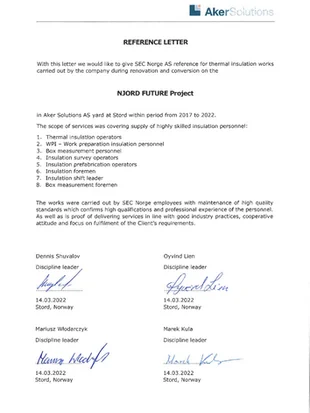 Reference 2017 - 2022_Aker Solutions AS Stord_Insulation_Njord Future Project - Insulation prefabrication and work preparation - SEC Norge.pdf