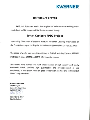 Reference 2019 - 2019_Kvaerner - Crist Offshore_Johan Castberg FPSO (welding and fabrication) - SEC Norge SEC Pomorze.pdf