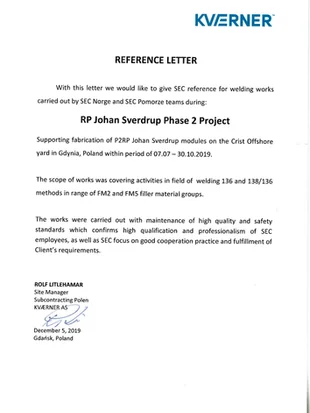 Reference 2019 - 2019_Kvaerner - Crist Offshore_Johan Sverdrup P2 (welding and fabrication) - SEC Norge SEC Pomorze.pdf